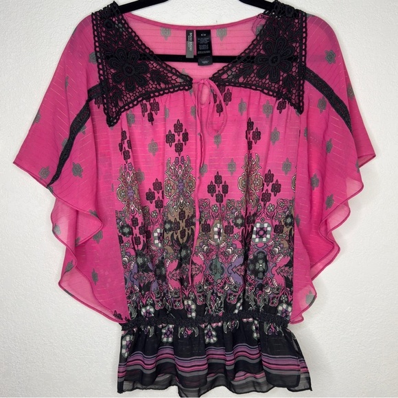Bisou Bisou Floral Sheer puff Sleeve Y2K Top Pink Fairy,crochet,embroidered SZ M - Picture 1 of 4